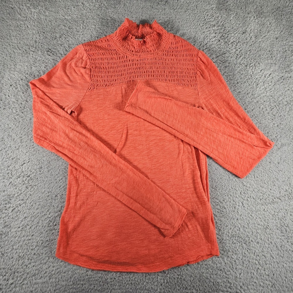 We the Free People Top Womens L Caroline Smocked Mock Neck Orange Ruffle Office